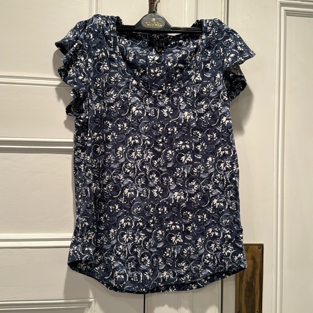 Lauren by Ralph Lauren blue/white cotton cap sleeve top,   L